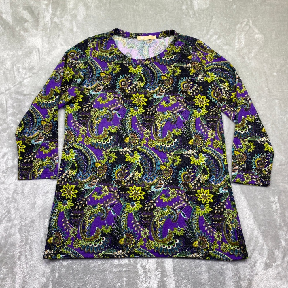 LA CERA Womens Purple Paisley Print Long Sleeve Tunic Top Sz M Boho Cottagecore‎